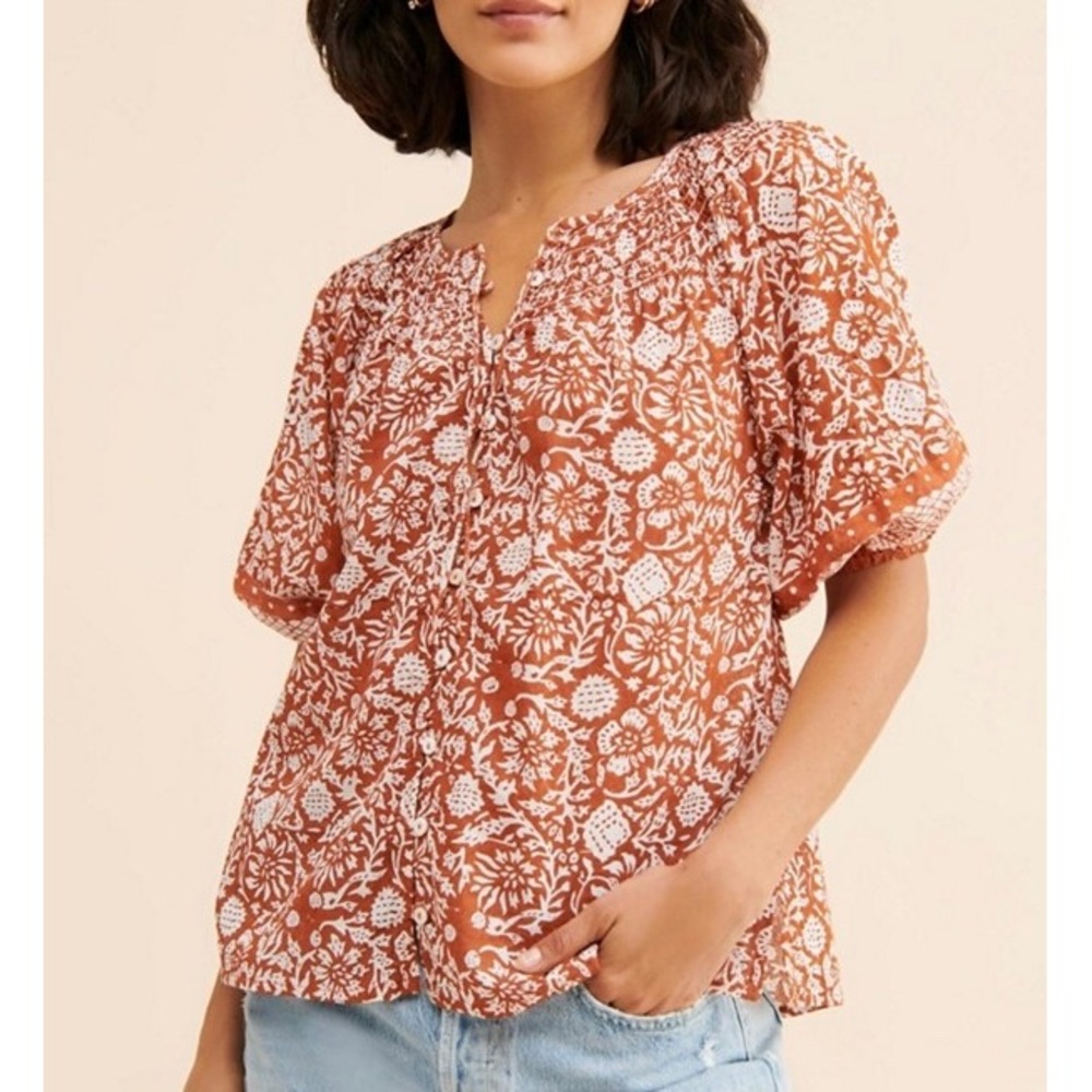 Cleobella Top Blouse Adele Buttoned Short Sleeve Boho Floral Cedar Brown XL